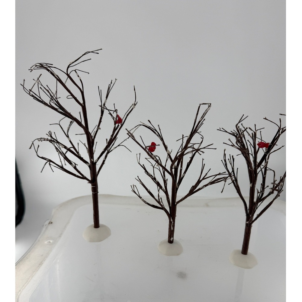 Dept 56 Set of 3 Bare Branch Winter Trees Red Cardinals Snow Village Accessories